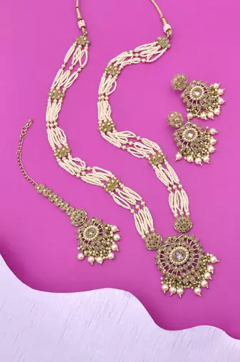 delightful round shape pearl lariat kundan antique gold plated long haram jewellery set for women