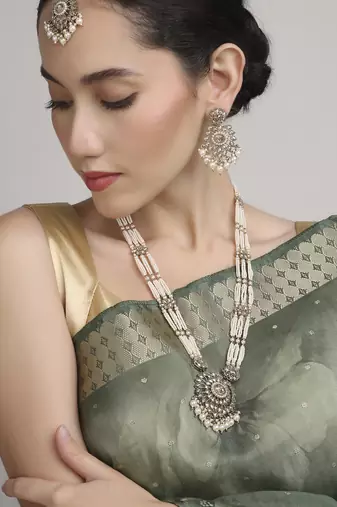 delightful round shape pearl lariat kundan antique gold plated long haram jewellery set for women