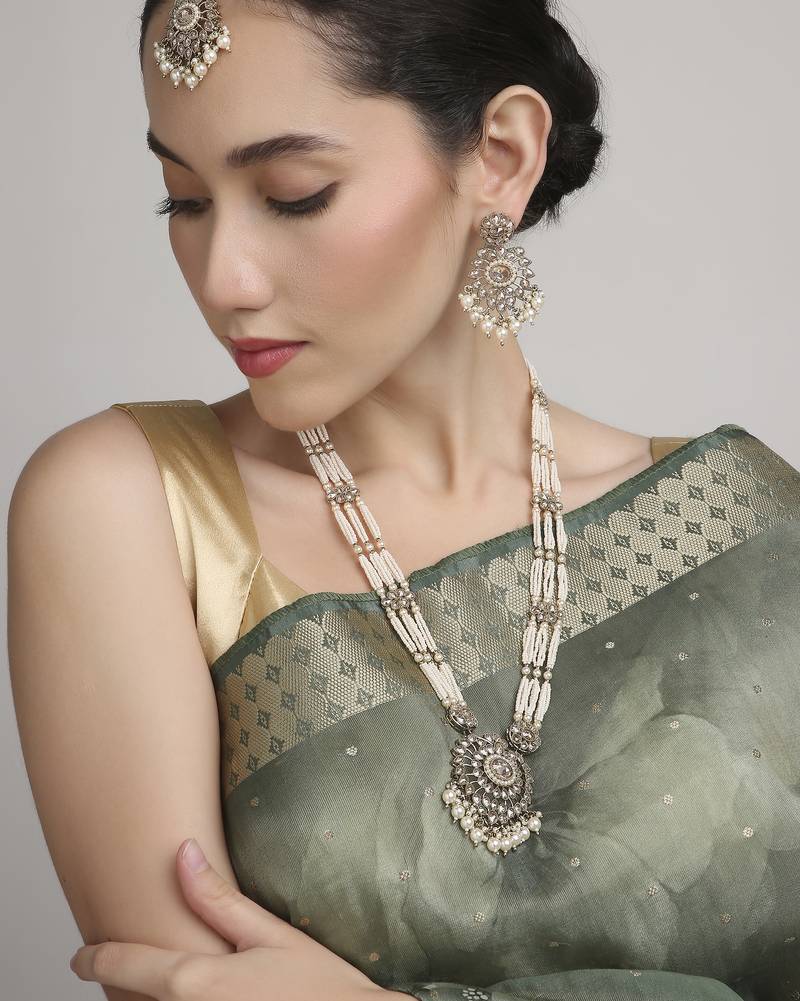 delightful round shape pearl lariat kundan antique gold plated long haram jewellery set for women
