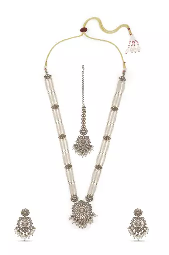 delightful round shape pearl lariat kundan antique gold plated long haram jewellery set for women