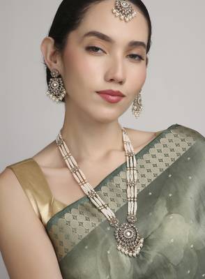 delightful round shape pearl lariat kundan antique gold plated long haram jewellery set for women 5