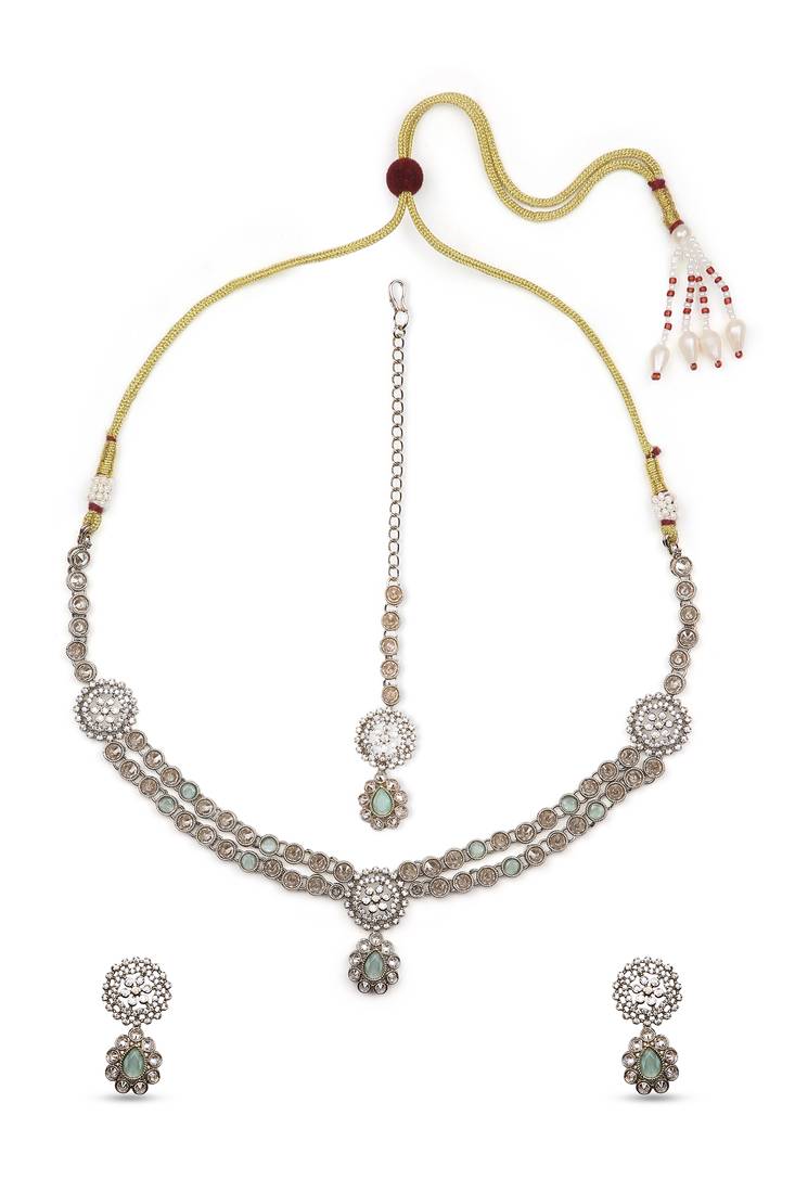 creative round and oval shape kundan antique gold plated choker jewellery set for women