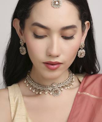 astonish round and circle shape kundan antique gold plated choker jewellery set for women 1