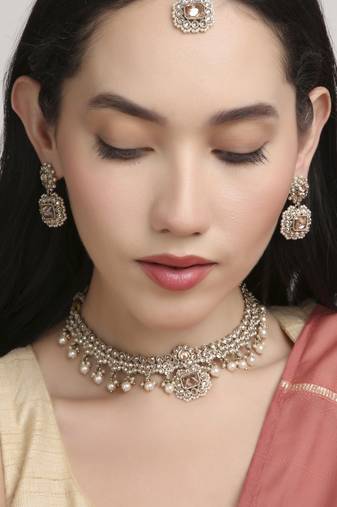 astonish round and circle shape kundan antique gold plated choker jewellery set for women