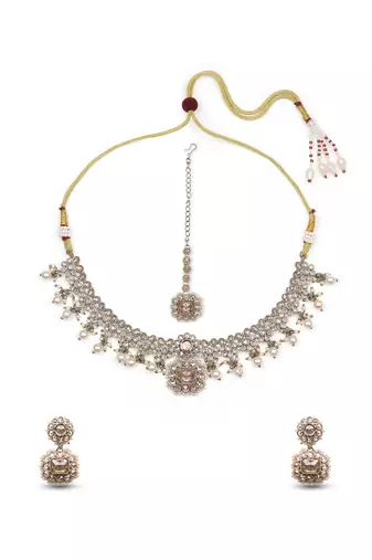 astonish round and circle shape kundan antique gold plated choker jewellery set for women