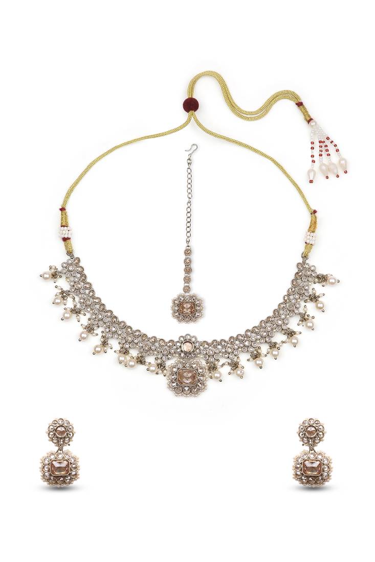 astonish round and circle shape kundan antique gold plated choker jewellery set for women