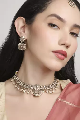 astonish round and circle shape kundan antique gold plated choker jewellery set for women