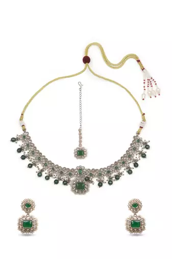 dazzling round and circle shape brass kundan antique gold plated choker jewellery set for women