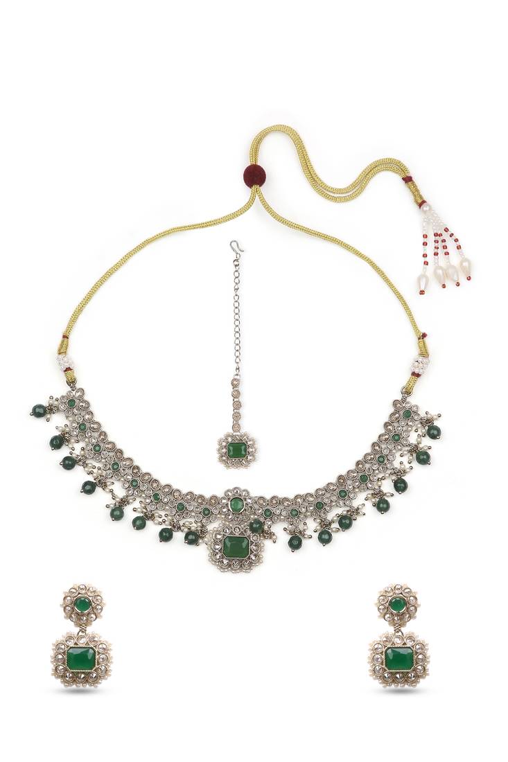 dazzling round and circle shape brass kundan antique gold plated choker jewellery set for women