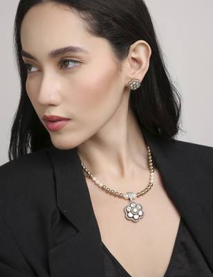 contemporary mother of pearl brass kundan antique gold plated long haram necklace set for women 1