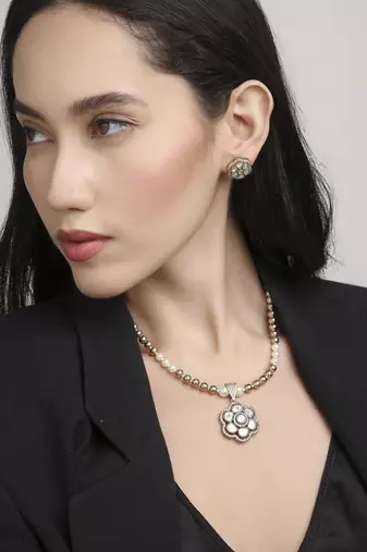 contemporary mother of pearl brass kundan antique gold plated long haram necklace set for women