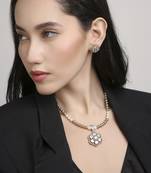 contemporary mother of pearl brass kundan antique gold plated long haram necklace set for women