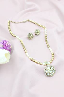 contemporary mother of pearl brass kundan antique gold plated long haram necklace set for women 2