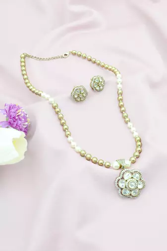 contemporary mother of pearl brass kundan antique gold plated long haram necklace set for women
