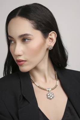 contemporary mother of pearl brass kundan antique gold plated long haram necklace set for women 3