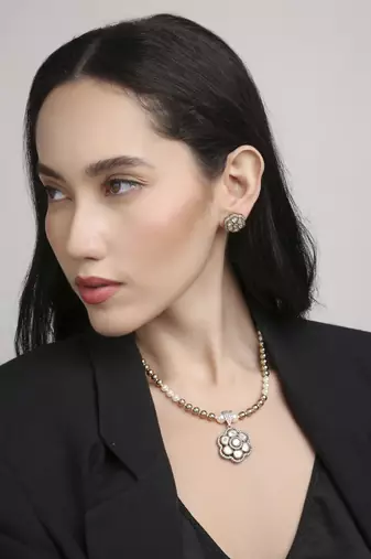 contemporary mother of pearl brass kundan antique gold plated long haram necklace set for women