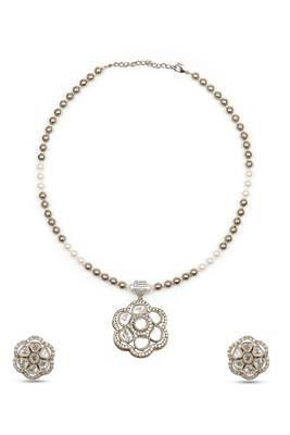 contemporary mother of pearl brass kundan antique gold plated long haram necklace set for women 4
