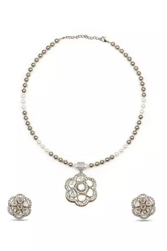 contemporary mother of pearl brass kundan antique gold plated long haram necklace set for women