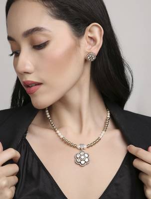 contemporary mother of pearl brass kundan antique gold plated long haram necklace set for women 5