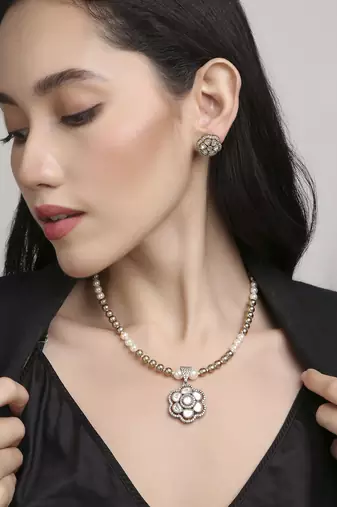 contemporary mother of pearl brass kundan antique gold plated long haram necklace set for women