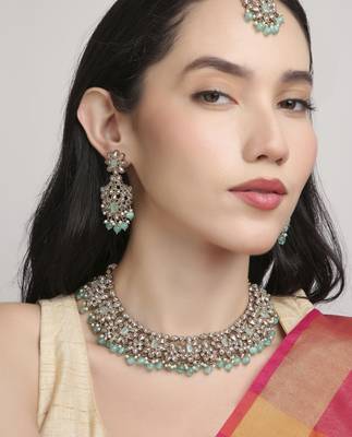 glamorous flower design kundan antique gold plated choker jewellery set for women 1