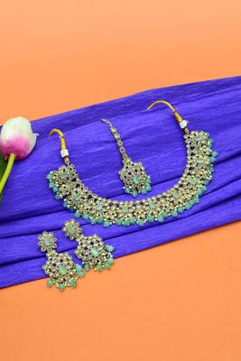 glamorous flower design kundan antique gold plated choker jewellery set for women 2