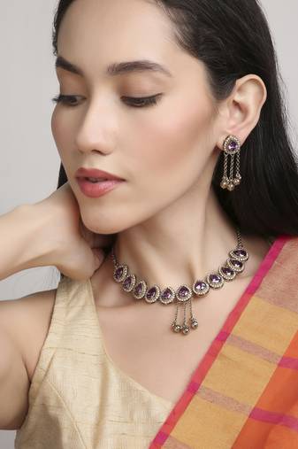 glimmery oval shape kundan antique gold plated choker necklace set for women