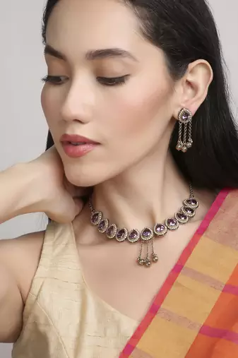 glimmery oval shape kundan antique gold plated choker necklace set for women