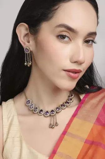 glimmery oval shape kundan antique gold plated choker necklace set for women