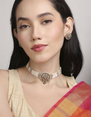 graceful round shape pearl lariat brass kundan antique gold plated choker necklace set for women 1