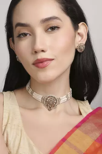graceful round shape pearl lariat brass kundan antique gold plated choker necklace set for women