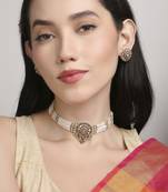 graceful round shape pearl lariat brass kundan antique gold plated choker necklace set for women