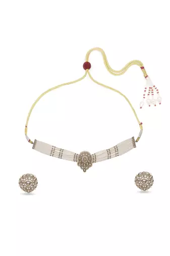 graceful round shape pearl lariat brass kundan antique gold plated choker necklace set for women