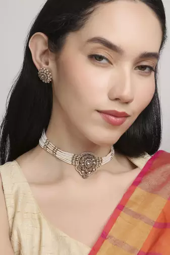 graceful round shape pearl lariat brass kundan antique gold plated choker necklace set for women