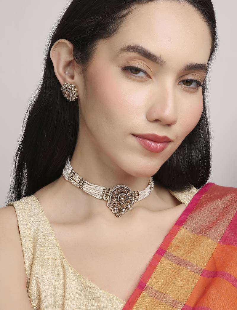graceful round shape pearl lariat brass kundan antique gold plated choker necklace set for women