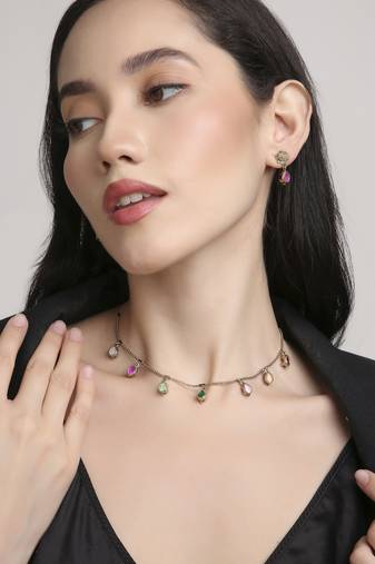 finely oval shape brass kundan antique gold plated choker necklace set for women