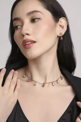 finely oval shape brass kundan antique gold plated choker necklace set for women