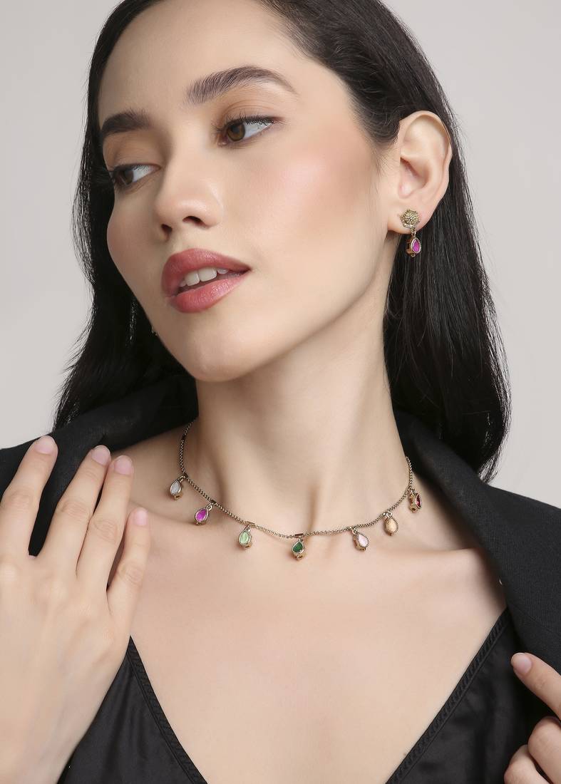 finely oval shape brass kundan antique gold plated choker necklace set for women
