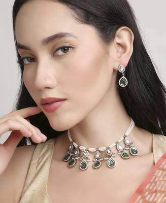 incredible oval shape pearl brass kundan antique gold plated choker necklace set for women 1