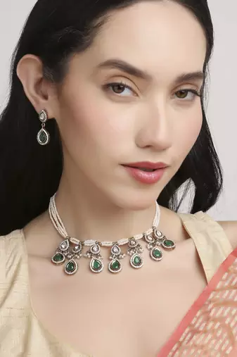 incredible oval shape pearl brass kundan antique gold plated choker necklace set for women