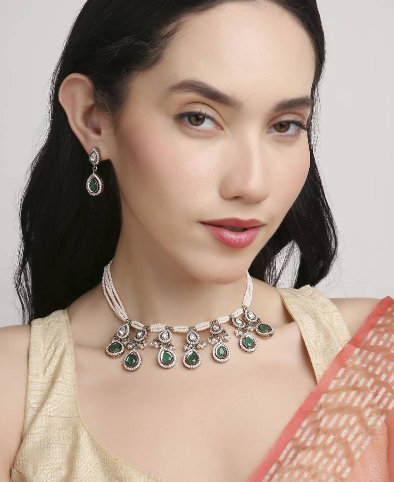 incredible oval shape pearl brass kundan antique gold plated choker necklace set for women