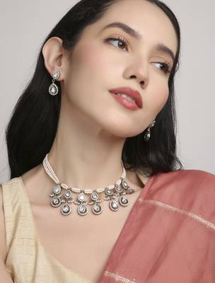 gorgeous oval shape pearl brass kundan antique gold plated choker necklace set for women 3