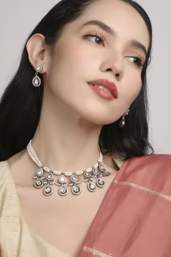 gorgeous oval shape pearl brass kundan antique gold plated choker necklace set for women