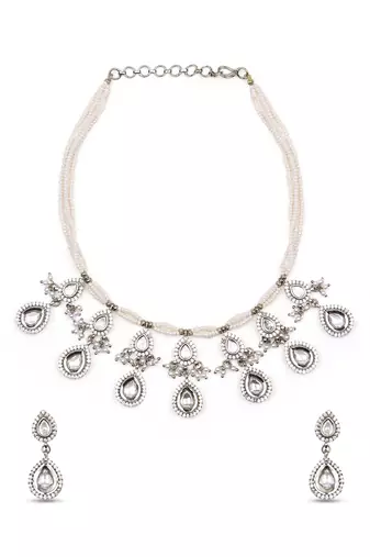 gorgeous oval shape pearl brass kundan antique gold plated choker necklace set for women
