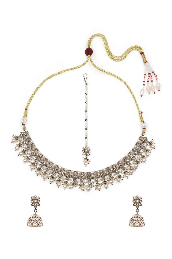 glimmery flower design pearl kundan antique gold plated choker jewellery set for women