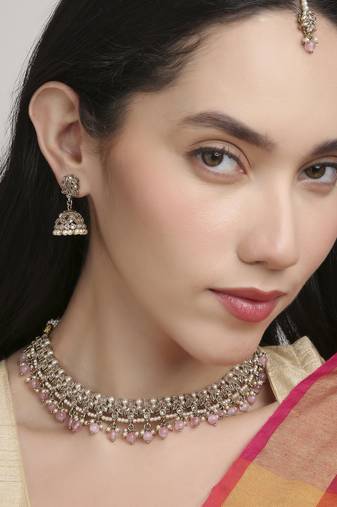 glorious flower design pearl kundan antique gold plated choker jewellery set for women