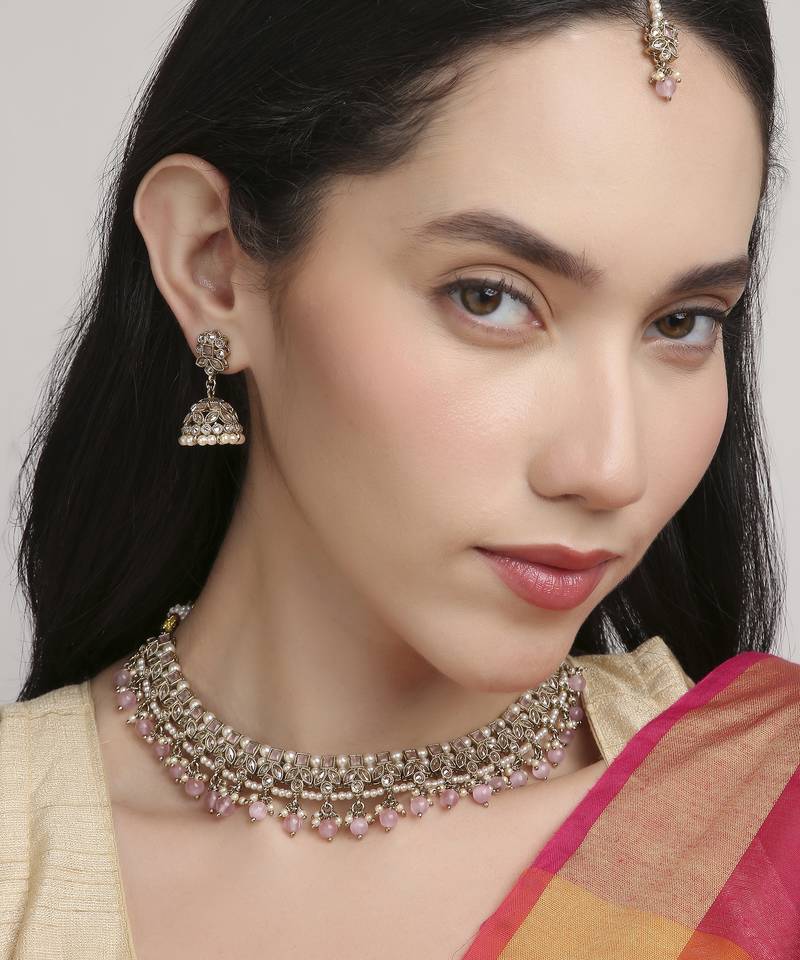 glorious flower design pearl kundan antique gold plated choker jewellery set for women