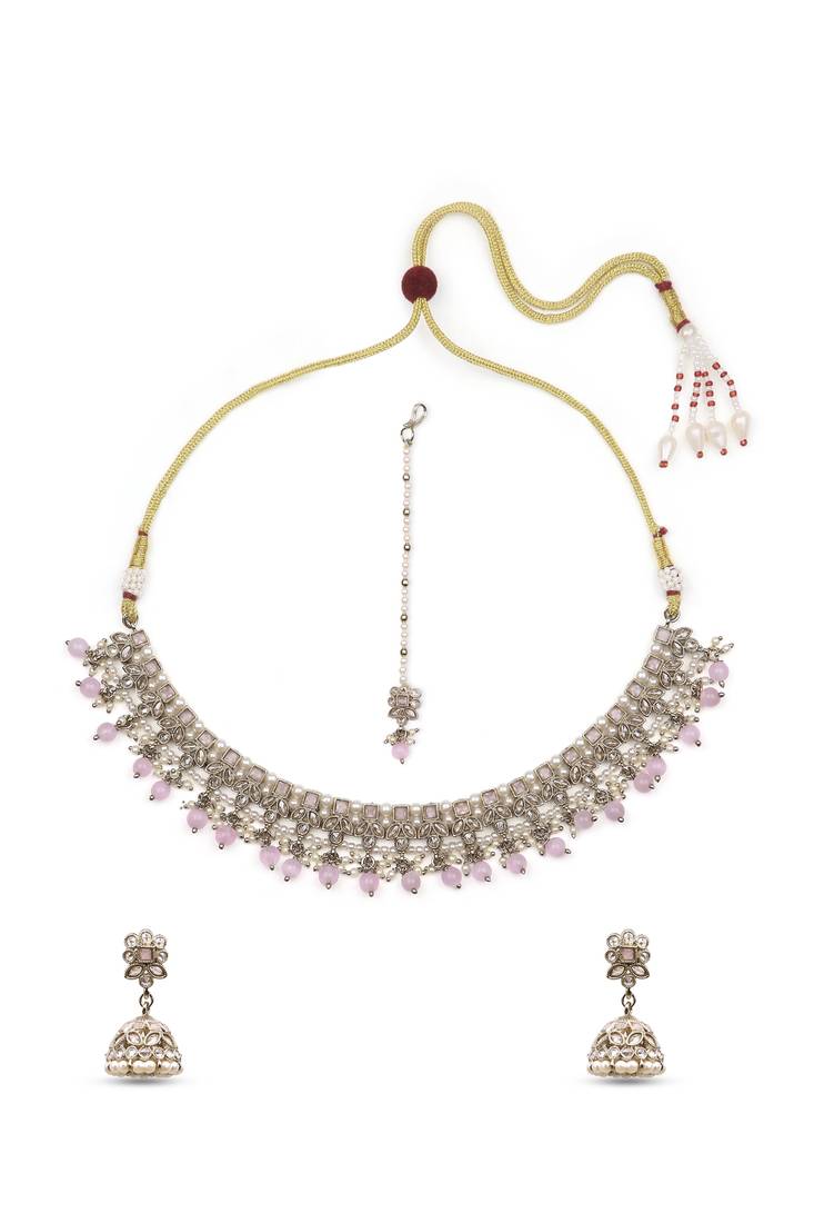 glorious flower design pearl kundan antique gold plated choker jewellery set for women