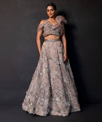Mauve Mocha Embroidered Satin Lehenga Set 1