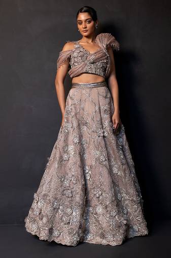 Mauve Mocha Embroidered Satin Lehenga Set